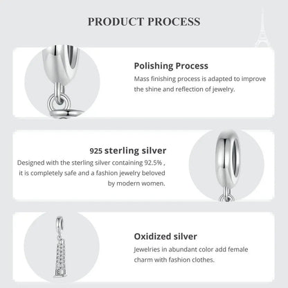 Diagram of jewelry polishing process with 925 sterling silver and oxidized silver details. for the leaning pisa tower charm compatible pandora bracelet