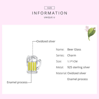 Product information card for a beer glass charm with details on material and size.