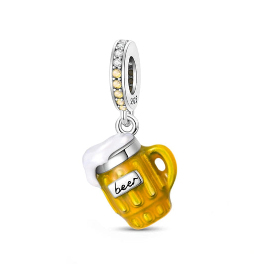 Silver charm shaped like a beer mug with 'beer' text on a white background