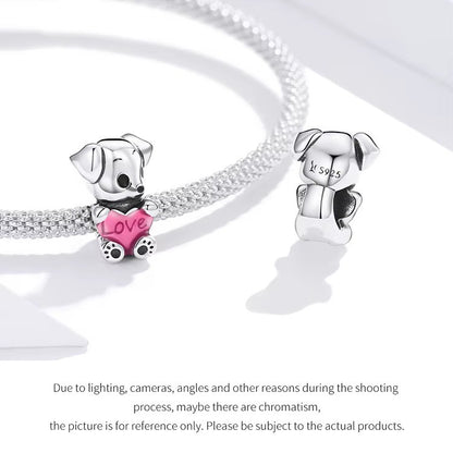 Sterling 925 silver Cute Puppy with Pink Heart Charm