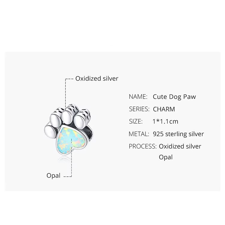 Sterling 925 silver Cute Puppy paw with stone Heart Charm