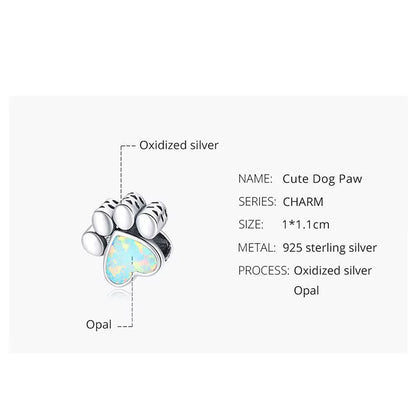 Sterling 925 silver Cute Puppy paw with stone Heart Charm