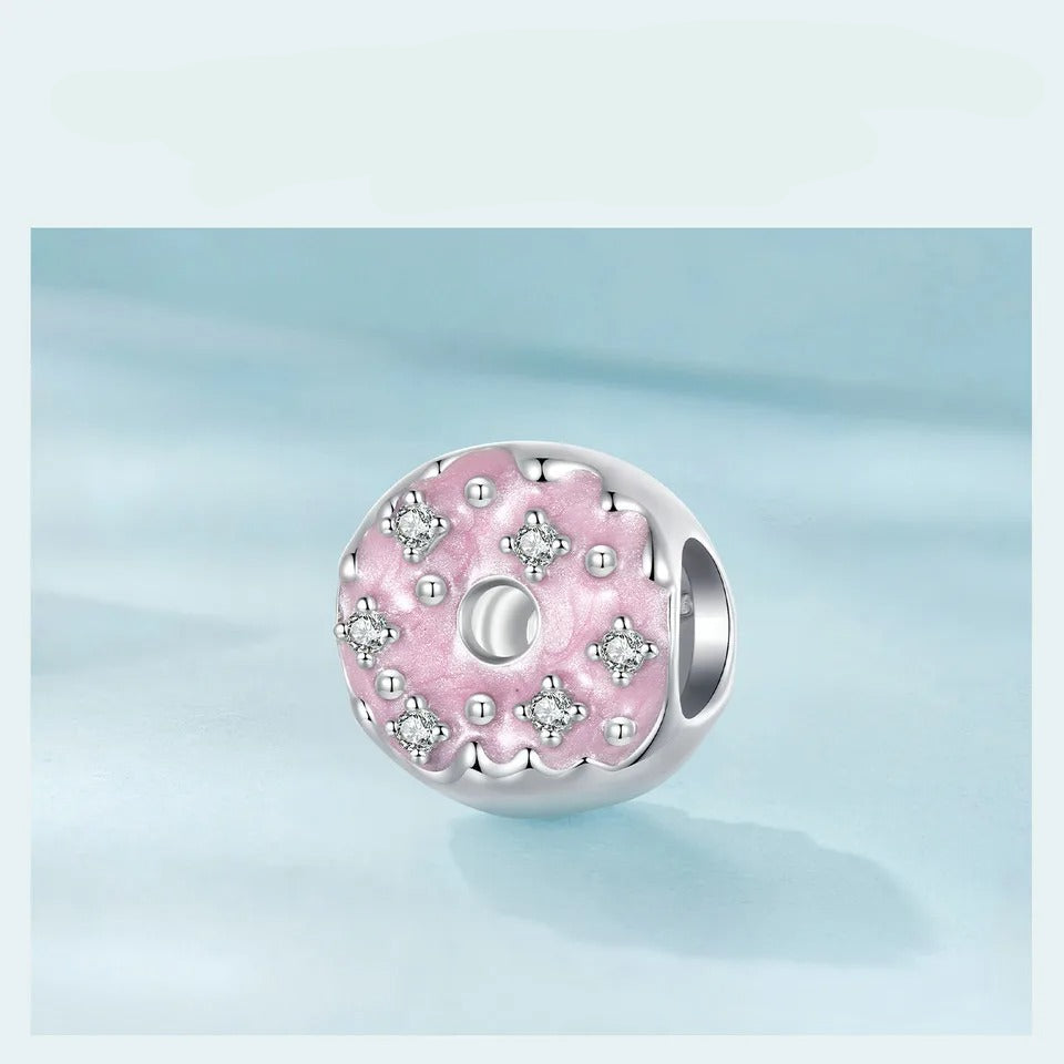 Sterling 925 Silber Rosa glasiert Krapfen Charme