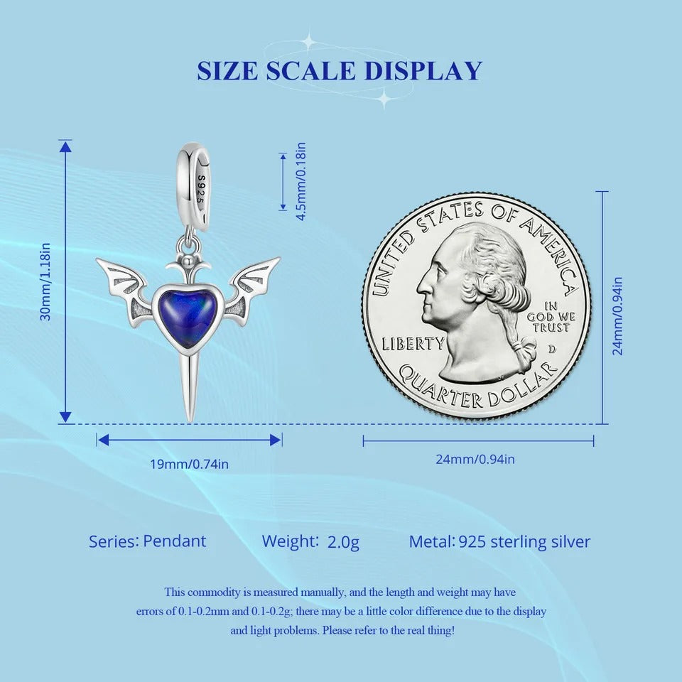 Sterling 925 Silver Temperature changing color Heart in dagger with wings charm