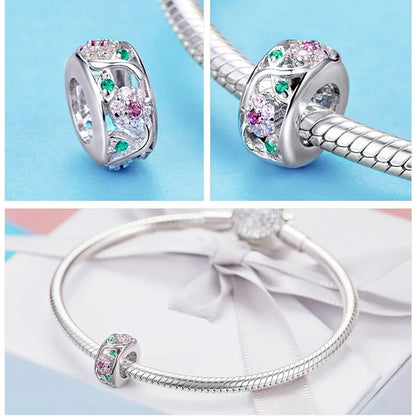 Sterling 925 Silber Frühling Bunte Blumen Zirkon Charm