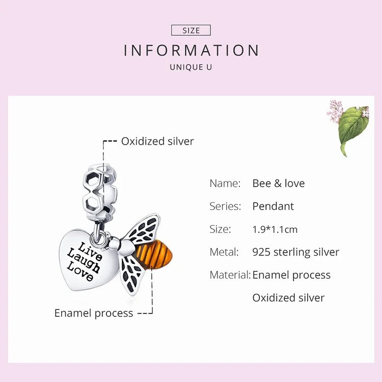 Sterling 925 silver Orange Bee, Live Laugh Love Charm