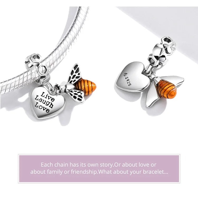 Sterling 925 silver Orange Bee, Live Laugh Love Charm