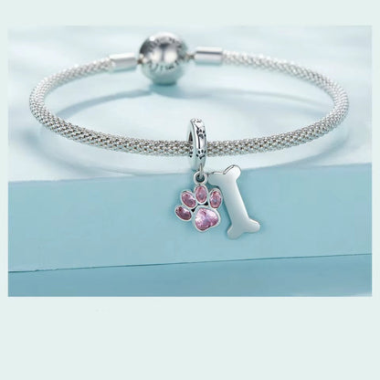 Sterling 925 silver Paw and Bone Pink Charm