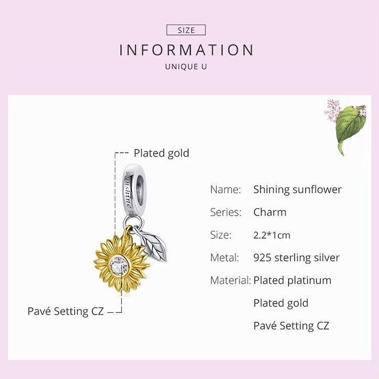 Sterling 925 Silver Sunflower Charm