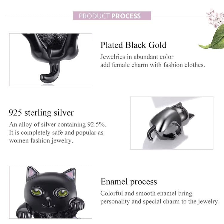 Sterling 925 Silver Black hanging cat charm