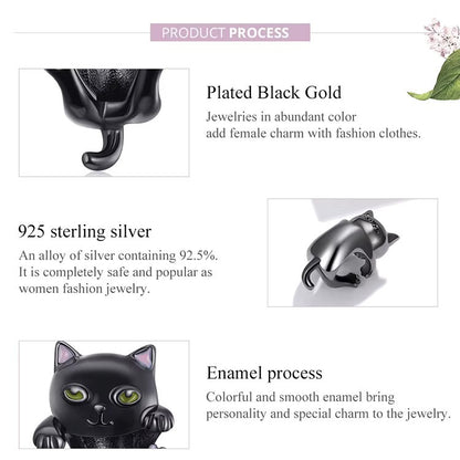 Sterling 925 Silber Schwarz hängende Katze Charme