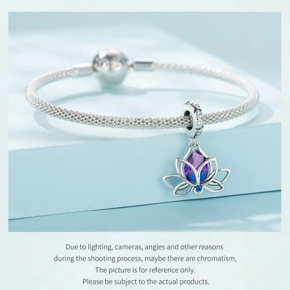 Sterling 925 Silber lila Zirkon Lotus Blume Charme