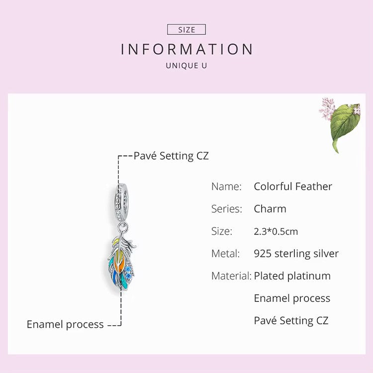 Sterling 925 Silver Colorful Feather Charm