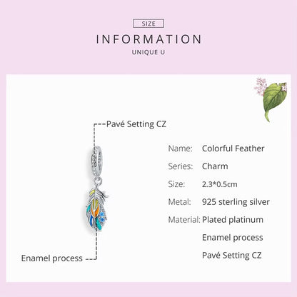 Sterling 925 Silver Colorful Feather Charm