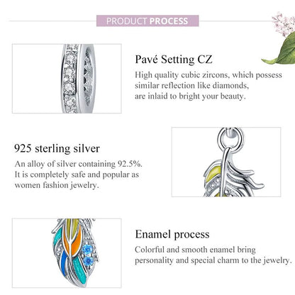 Sterling 925 Silver Colorful Feather Charm