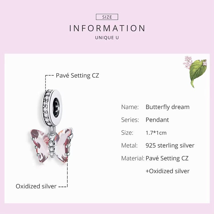 Sterling 925 Silver Pink Butterfly Charm