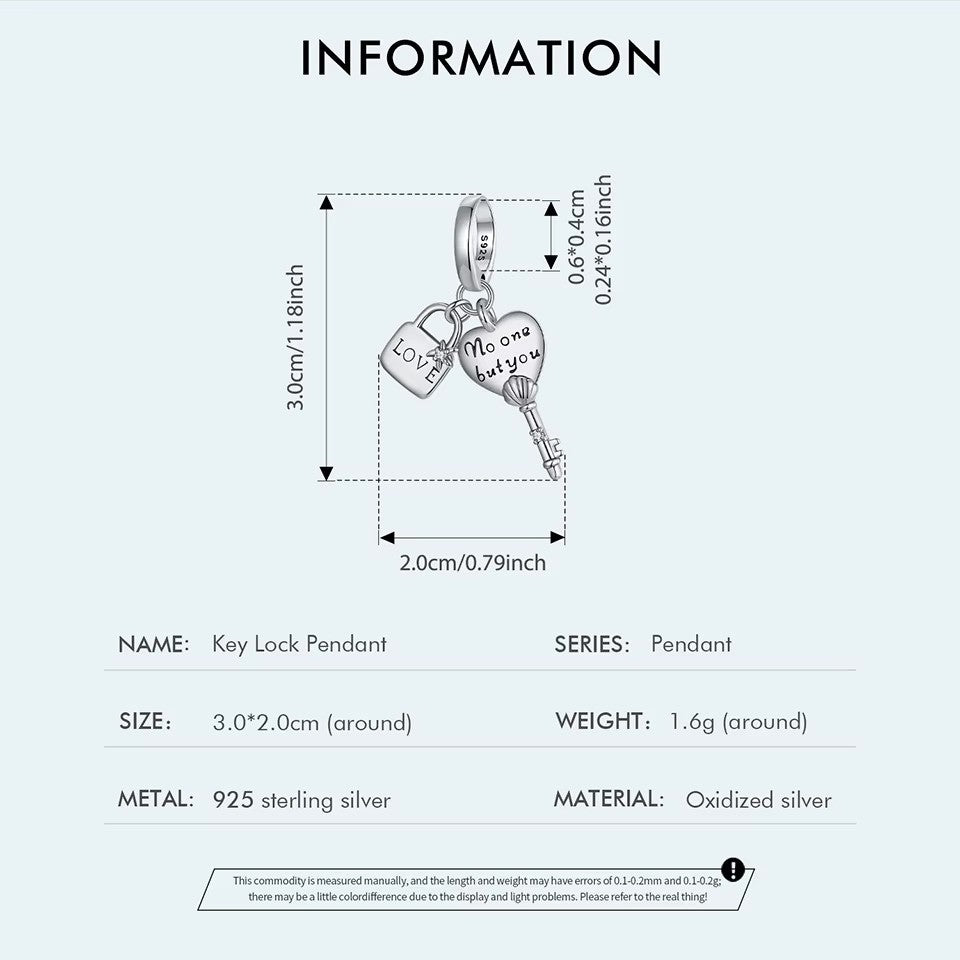 Sterling 925 silver Heart key - love no one but you charm