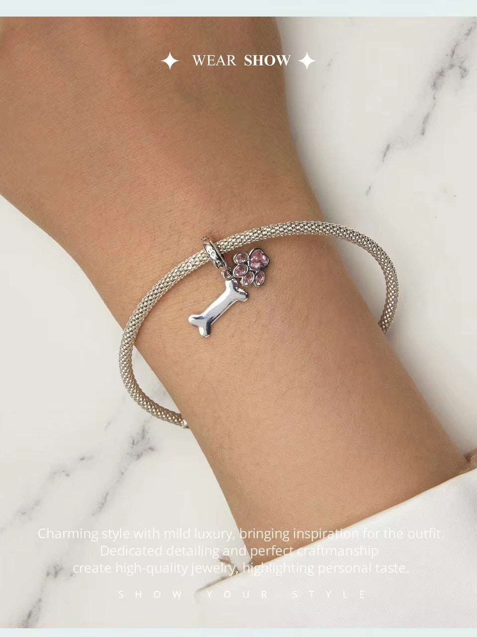 Charm-Anhänger Pfote und Knochen aus Sterlingsilber 925 rosa