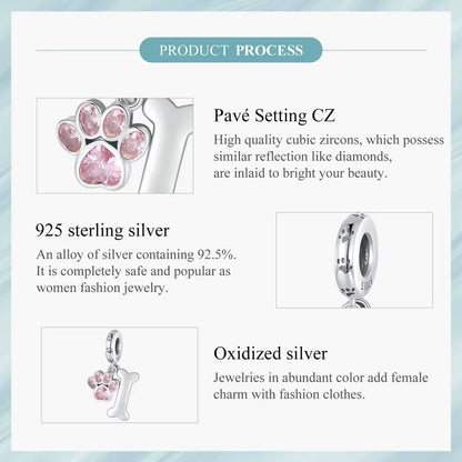 Sterling 925 silver Paw and Bone Pink Charm