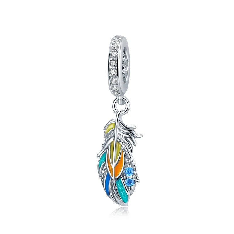 Sterling 925 Silver Colorful Feather Charm