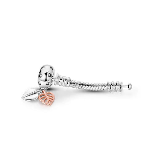 Silver pandora charm bracelet extender with a pink leaf detail on a white background, size 3.5cm.