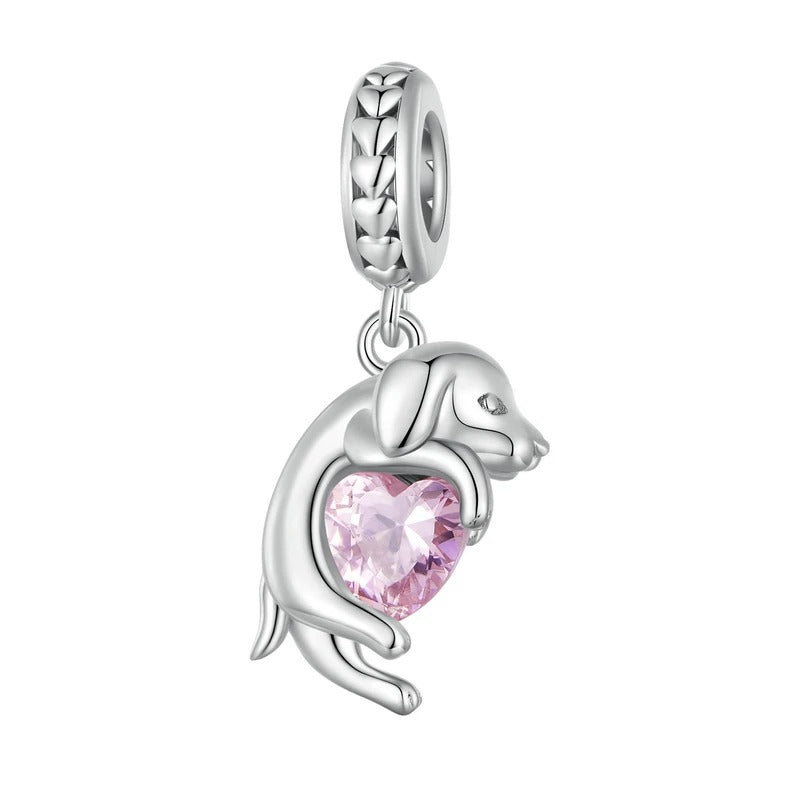 Sterling 925 Silber Golden Retriever Hund mit rosa Zirkon Herz Charm