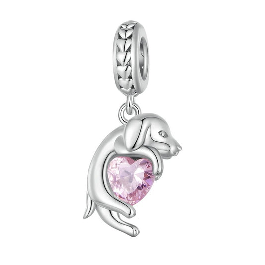 Sterling 925 silver Golden retriever dog with pink Zircon Heart Charm