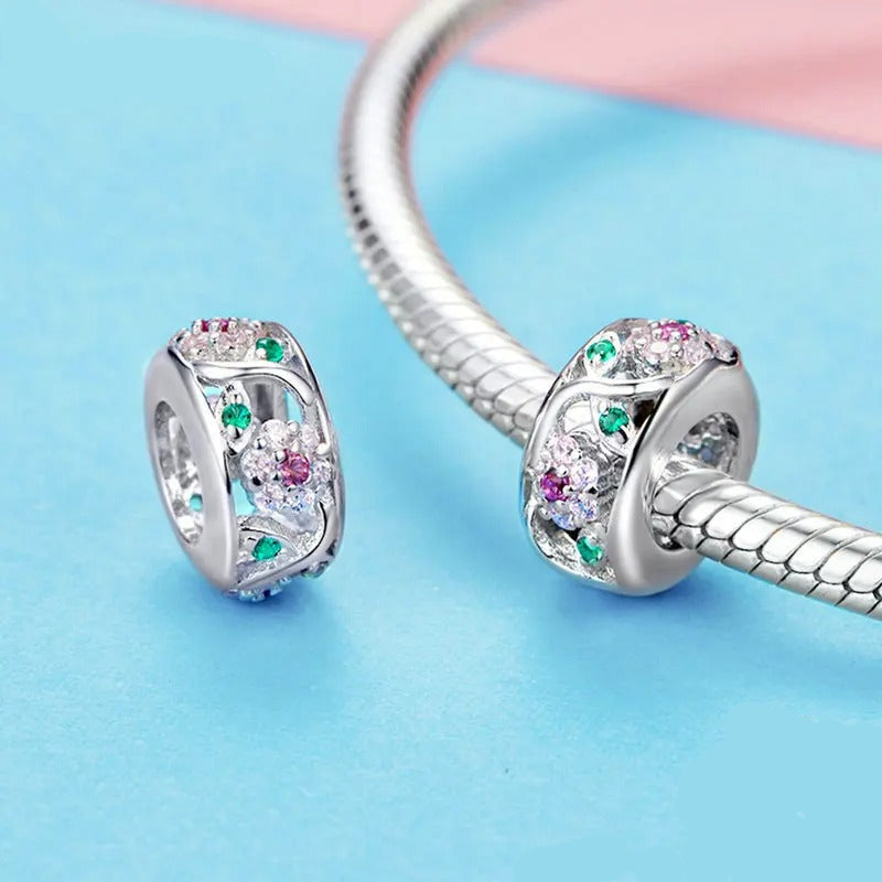 Sterling 925 Silber Frühling Bunte Blumen Zirkon Charm