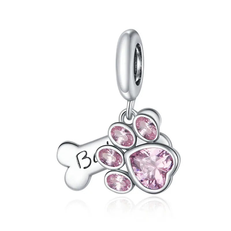 Sterling 925 Silber Niedliche Zirkon Pfote mit eingraviertem Babyknochen Charm