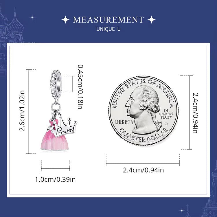 Sterling 925 Silver Princess Crown with Pink dress Charm