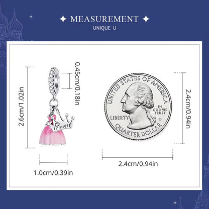 Sterling 925 Silver Princess Crown with Pink dress Charm