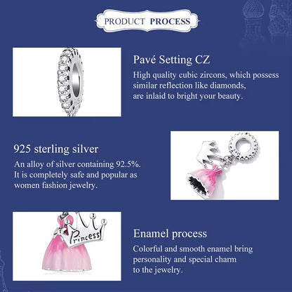 Sterling 925 Silver Princess Crown with Pink dress Charm