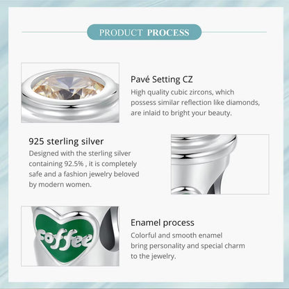 A Sterling 925 silver coffee cup charm with a heart-shaped 'COFFEE' logo on the side and a clear crystal on top. fit pandora bracelet
