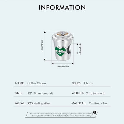 A Sterling 925 silver coffee cup charm with a heart-shaped 'COFFEE' logo on the side and a clear crystal on top. fit pandora bracelet