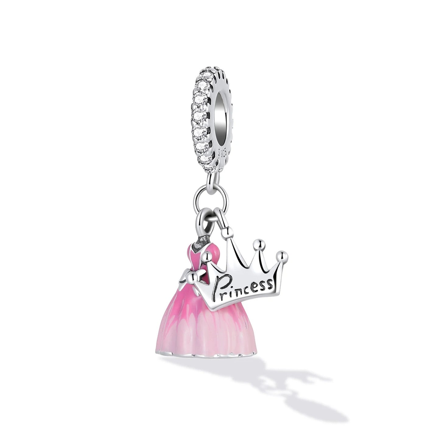 Sterling 925 Silver Princess Crown with Pink dress Charm