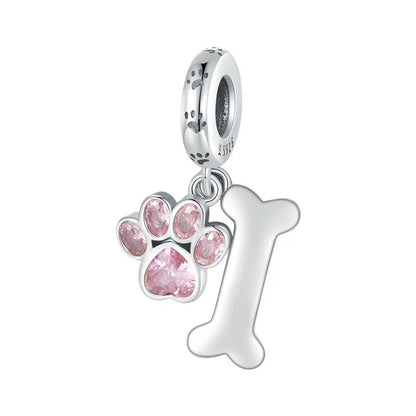 Sterling 925 silver Paw and Bone Pink Charm