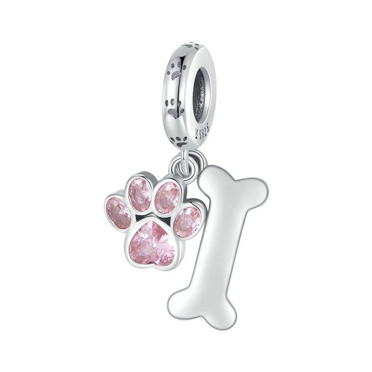 Sterling 925 silver Paw and Bone Pink Charm