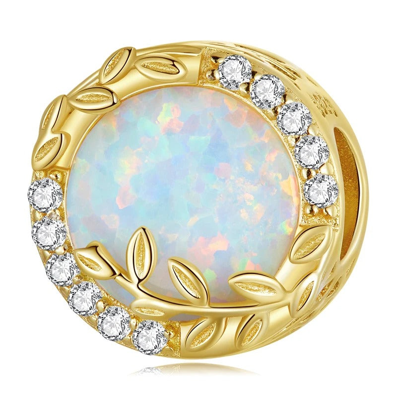 Sterling 925 silver Opal wheat leaf in Gold color Charm