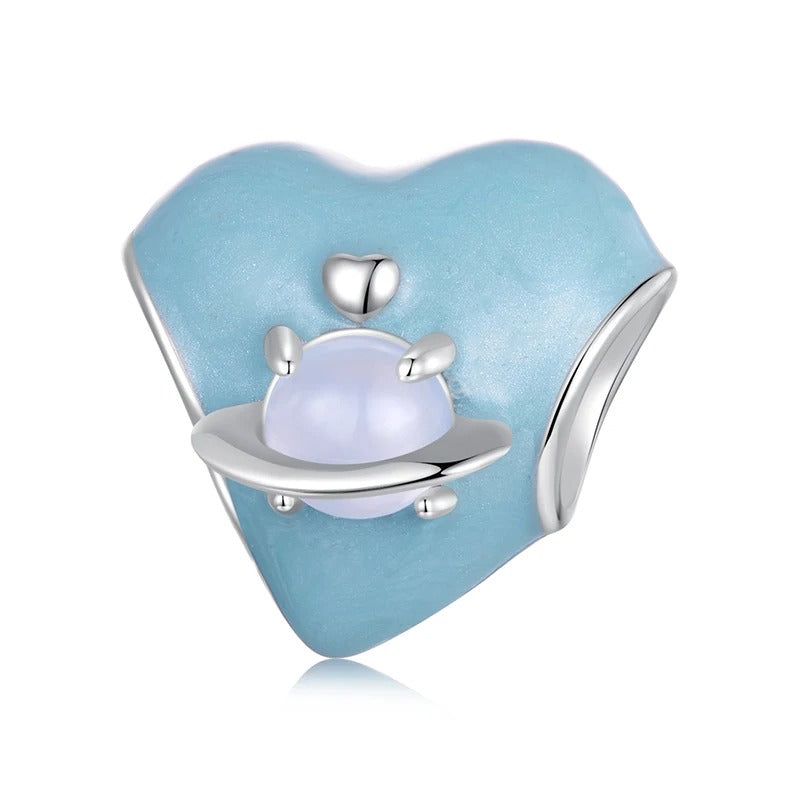 Sterling 925 Silver Blue Planet Heart Charm