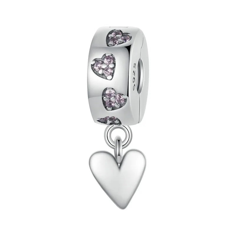 Sterling 925 silver clip zircon hearts with dangler Charm