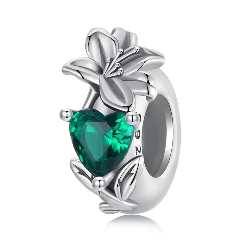 Sterling 925 Silver May Lily flower with Green Birthstone Charm