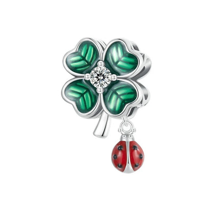 Sterling 925 Silver Four-leaf Clover with dangled ladybug Charm