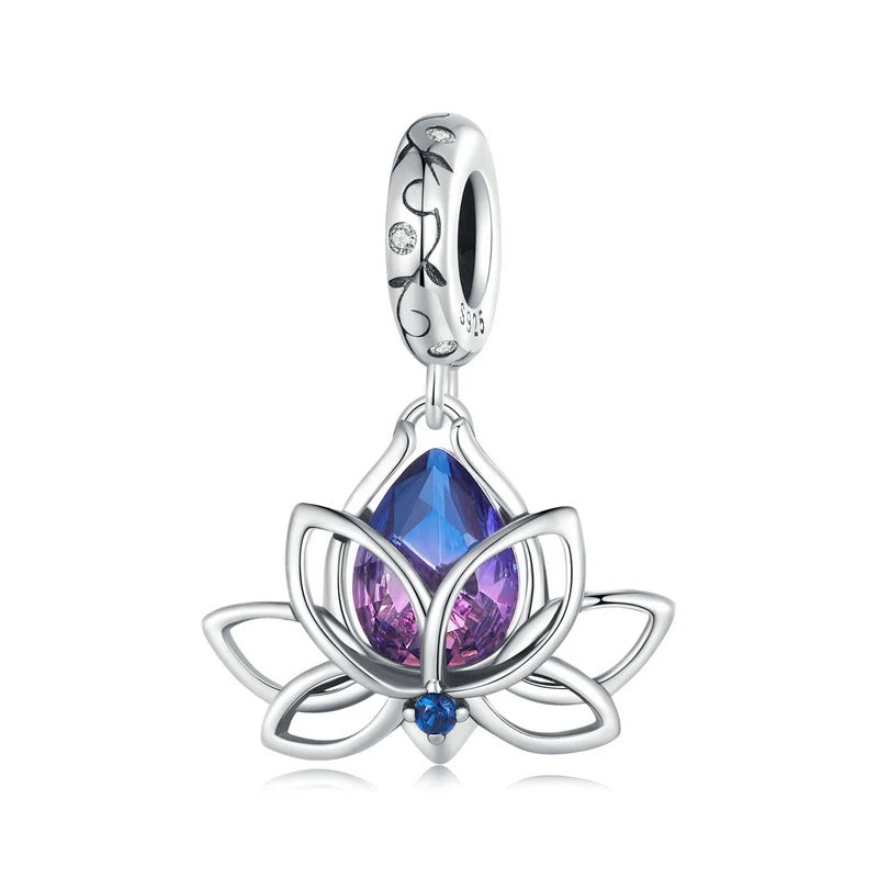 Sterling 925 Silver Purple Zircon Lotus Flower Charm