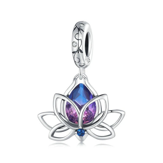 Sterling 925 Silver Purple Zircon Lotus Flower Charm