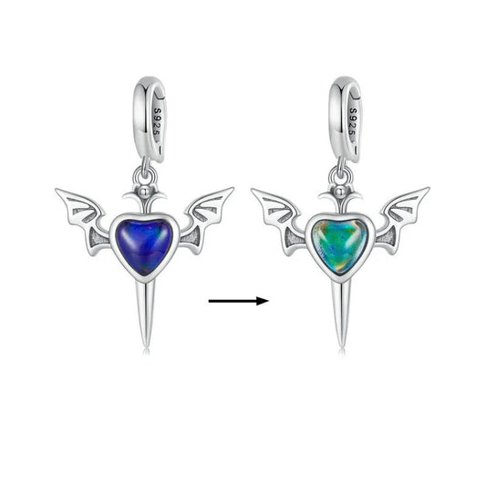 Sterling 925 Silver Temperature changing color Heart in dagger with wings charm