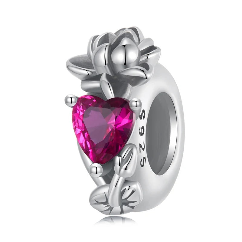 Sterling 925 Silver July Lotus flower with Fuchsia Birthstone Charm