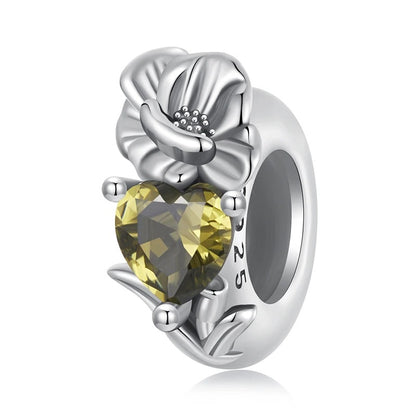 Sterling 925 Silver August Poppy flower with Yellow Birthstone Charm