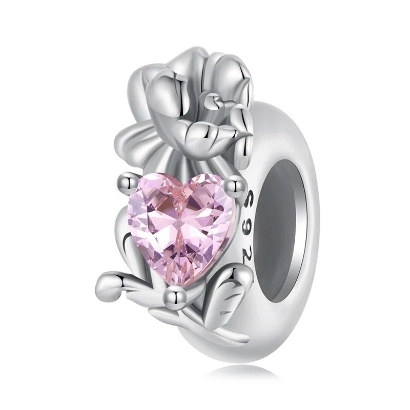 Sterling 925 Silber Juni Rose Blume mit rosa Geburtsstein Charm